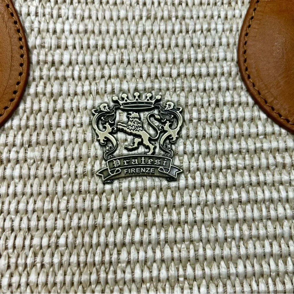 Pratesi Firenze Handbag in Raffia with Brown Leather, Large, Vacation, Italian